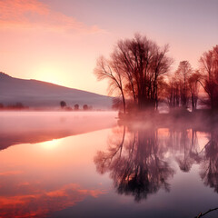 Dawn's Gentle Light: A Serene Lakescape with Morning Mist and Winter Trees in the Gold-Lit Sky Reflecting on Water Surface