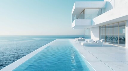 Generative AI : Luxury sea view swimming pool in modern white beach house - 3d rendering