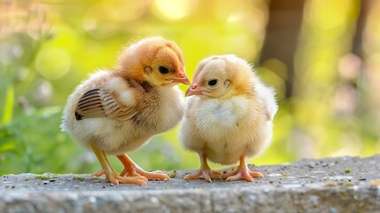 Generative AI : Twin or couple of little chickens friend between brown and yellow color, Close up both of chicks or newborn of chicken