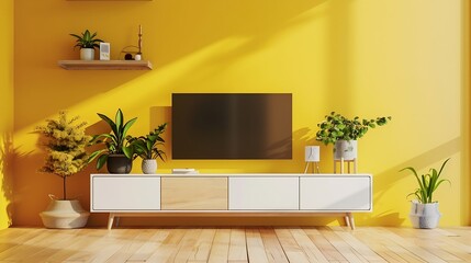 Generative AI : Modern living room interior with shelf for TV on yellow color wall background.3d rendering