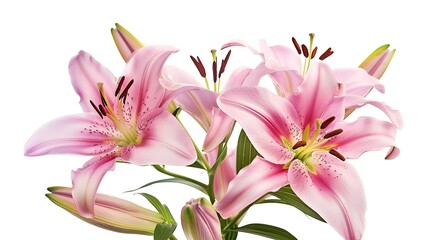 Obraz na płótnie Canvas Generative AI : Pink lily flower bouquet isolated on white background for card and decoration
