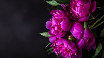Generative AI : Beautiful Violet peonies bouquet on black. Floral background. Natural flowers pattern.