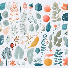 A collection of seamless pattern, colorful abstract plants and flowers. Hand drawn Collection of leaves and flowers. A close up of a pattern of flowers and leaves.
