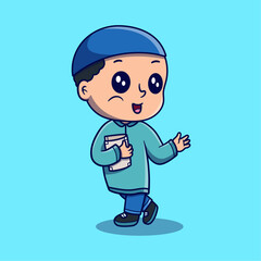 Vector cute happy boy with Quran vector icon illustration. Ramadan mascot cartoon character.	Flat Cartoon Style