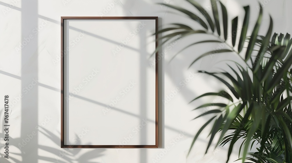 Poster generative ai : simple minimalist frame mockup poster hanging on the white wall with plant frame moc
