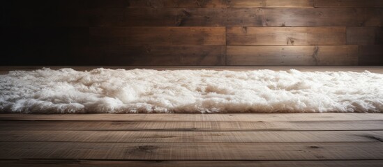 A close up image featuring a collection of white wool fibers piled on a textured wooden floor - obrazy, fototapety, plakaty