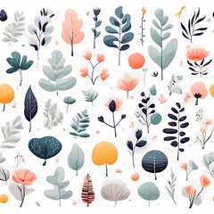 A collection of seamless pattern, colorful abstract plants and flowers. Hand drawn Collection of leaves and flowers. A close up of a pattern of flowers and leaves.
