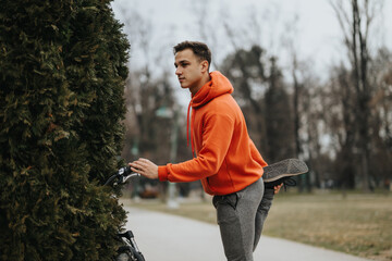 Active young man taking a break to stretch next to his bicycle in an overcast park setting,...