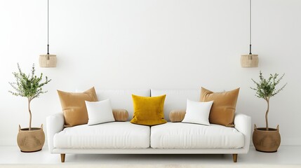 Generative AI : Simple minimal sofa decorated with brown yellow pillows in white living room. - obrazy, fototapety, plakaty