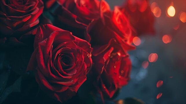 Fototapeta Generative AI : close up beautiful red roses bouquet with glowing light background for valentine day and love theme