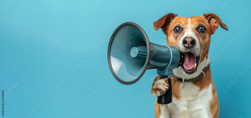 Wall mural a dog holding a megaphone on a blue background