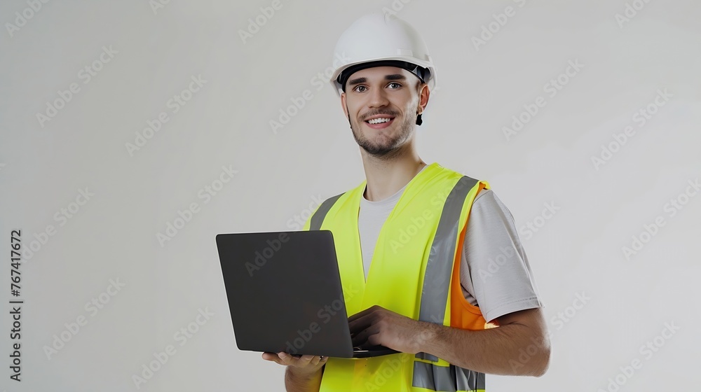 Poster generative ai : a handsome male engineer or architect with a white helmet. male engineer standing wi