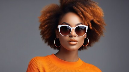 Portrait of a beautiful young Afro-American woman with curly hair and wearing sunglasses on a pink background, banner for a beauty salon or cosmetology, optics salon - obrazy, fototapety, plakaty