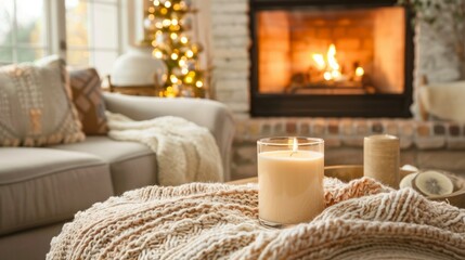 Obraz na płótnie Canvas Hygge Cozy Living Room with Fireplace, Couch, and Focused Aromatherapy Candle