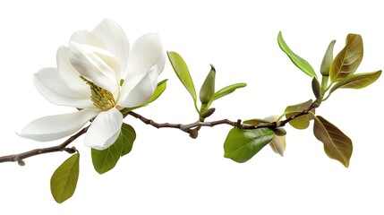 Generative AI : Magnolia liliiflora flower on branch with leaves, Lily magnolia flower isolated on...
