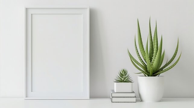 Generative AI : Mock up white frame and aloe vera plant on book shelf or desk. White colors.