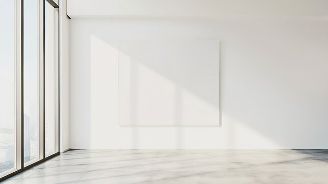 Generative AI : A large blank white painting on the wall in a minimalist room is a striking visual element.