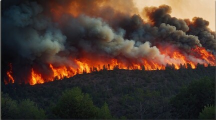 Fototapeta na wymiar Fiery wildfire engulfing forest or urban area