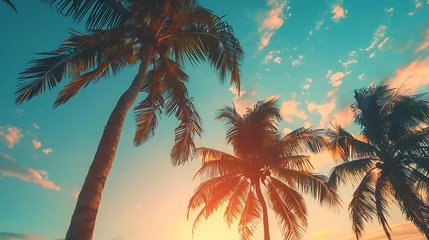 Photo sur Plexiglas Coucher de soleil sur la plage Generative AI : Silhouette of palm trees Beautiful sunset on the tropical sea beach background for travel in holiday relax time,