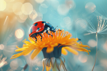 Beautiful ladybug on a dandelion flower with blue background