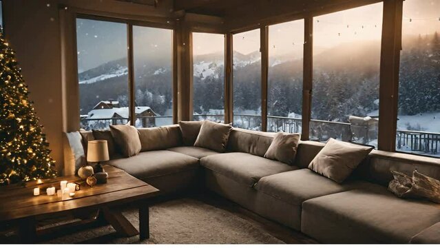 interior of cozy home with long sofa or decorated christmas tree with view of window snowfall in outside 4K HDR