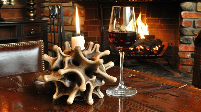 a table with a candle holder and a glass of wine in front of a fire place with a fireplace in the background.