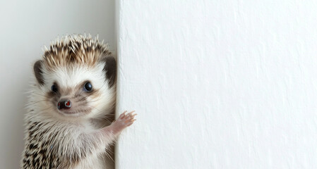 Cute hedgehog on a white wall banner copyspace for your text