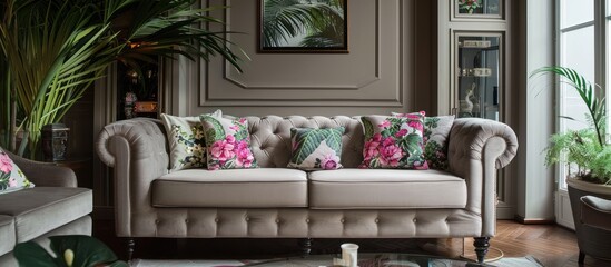 Soft gray fabric sofa with cushions and floral decor