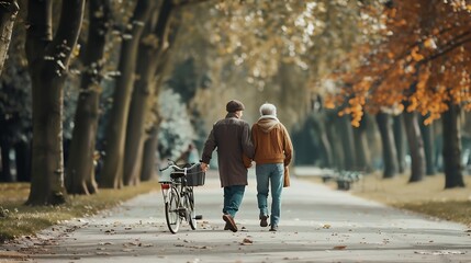 Generative AI : Rear view couple senior walked happily holding hands in the park, complete with bicycles.  - Powered by Adobe