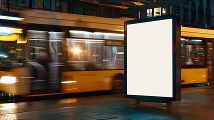 Generative AI : Illuminated blank billboard with copy space for your text message or content, advertising mock up banner of bus station,