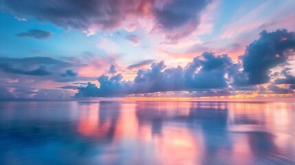 Generative AI : Landscape Long exposure of majestic clouds in the sky sunset or sunrise over sea with reflection in the tropical sea.
