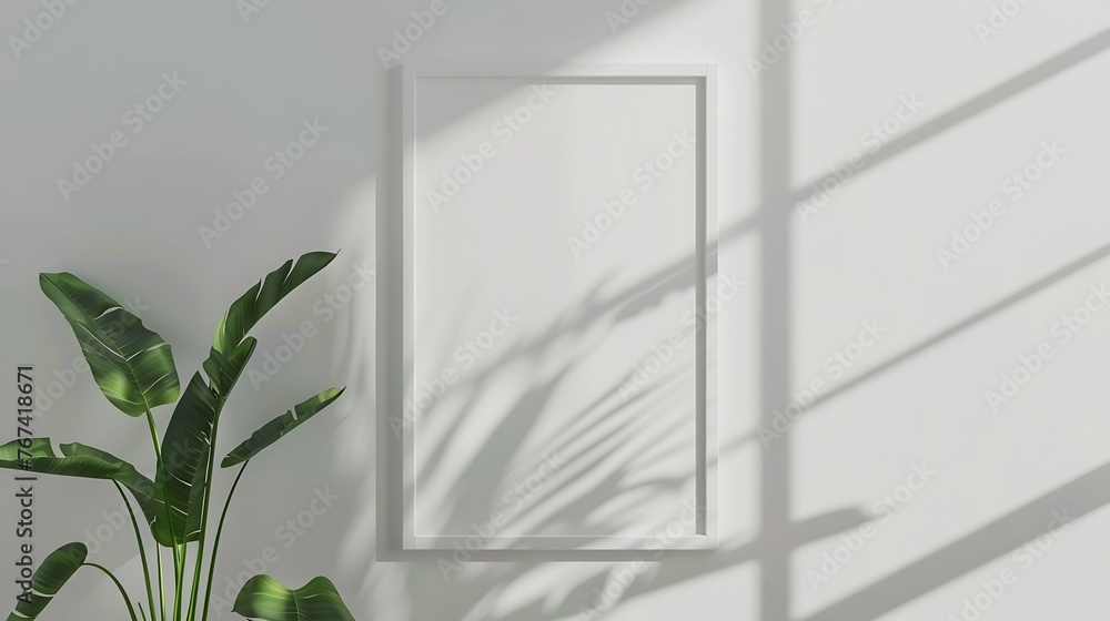 Poster generative ai : simple minimalist frame mockup poster hanging on the white wall with plant frame moc