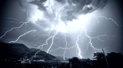  a black and white photo of a lightning storm with a mountain in the background and a house in the foreground.