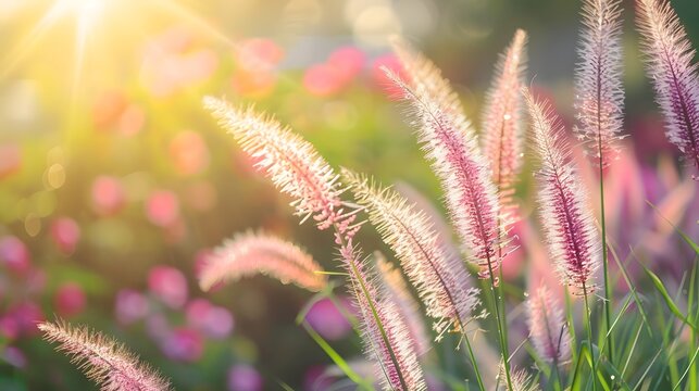 Grass flowers in the nature background with sun set, soft focus the beautiful a flower in the garden