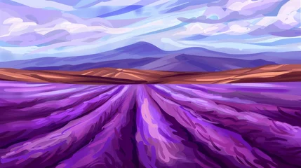 Photo sur Plexiglas Violet  a painting of a purple landscape with mountains in the background and clouds in the sky over the top of the picture.