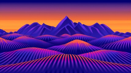 a painting of a mountain range with a sunset in the background and a purple and orange sky in the foreground.