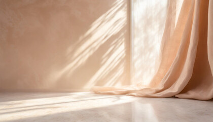 Backlit window with delicate beige-pink translucent curtains in an empty room. Peach fuzz color 2024..