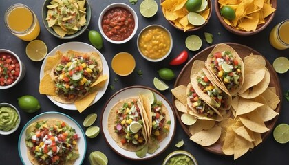 Table Set With Tacos, Mango Salsa, Nachos, Guacamole, And Lemon Beer For Cinco De Mayo. - obrazy, fototapety, plakaty