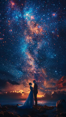 wedding in a starry night, bride and groom. ai generative