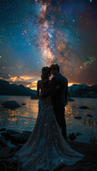 wedding in a starry night, bride and groom. ai generative