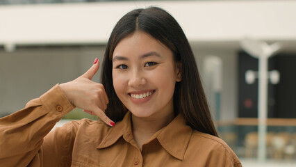 Close up Asian woman happy smiling japanese chinese korean girl businesswoman looking to camera...