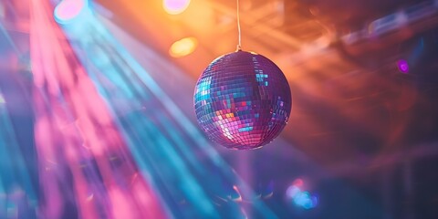 Vibrant Disco Ball Reflecting Rainbow Lights in Nightclub Creates Modern Atmosphere. Concept Nightlife, Disco Ball, Rainbow Lights, Modern Atmosphere, Nightclub