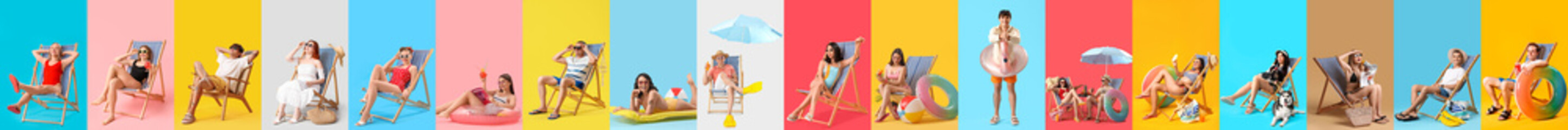 Set of many relaxing people on color background. Summer vacation