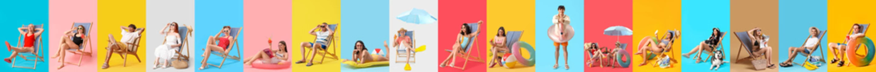 Gardinen Set of many relaxing people on color background. Summer vacation © Pixel-Shot