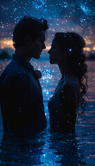 wedding in a starry night, bride and groom. ai generative