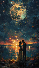 wedding in a starry night, bride and groom. ai generative