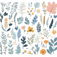 Fototapeta premium A collection of seamless pattern, colorful abstract plants and flowers. Hand drawn Collection of leaves and flowers. A close up of a pattern of flowers and leaves. 