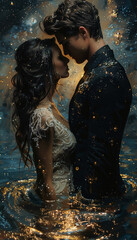wedding in a starry night, bride and groom. ai generative