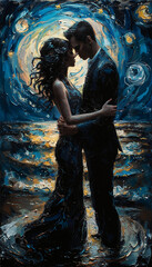 wedding in a starry night, bride and groom. ai generative