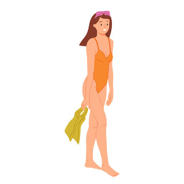 Woman in bikini with average slim body type. Girl standing in underwear. Healthy female in bra and panties.